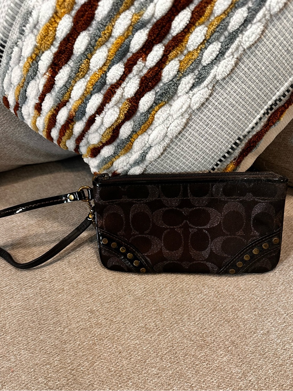 Coach Brown Sig. Studded Lurex Canvas, Patent Leather strap Wristlet